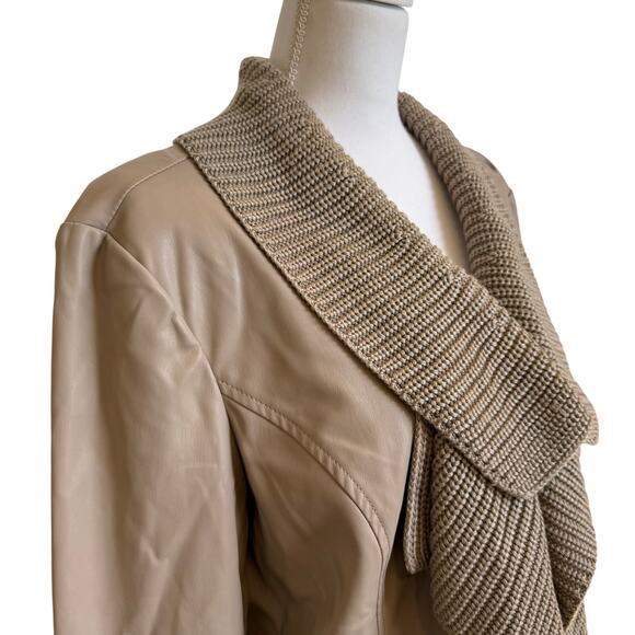 Chico's Jacket Women's Sz 3 16/18 Taupe Faux Leather Knit Collar Trim Lined Soft - Picture 4 of 10